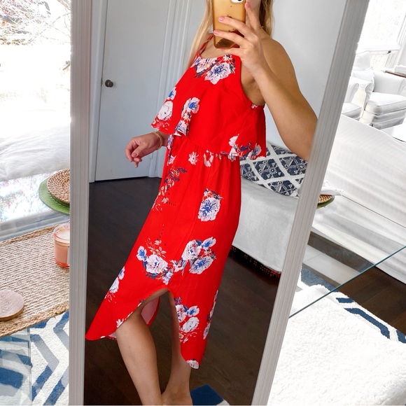 ❤️ YIDARTON BOHO RED MULTI FLORAL SLIT MIDI DRESS! - Picture 3 of 13